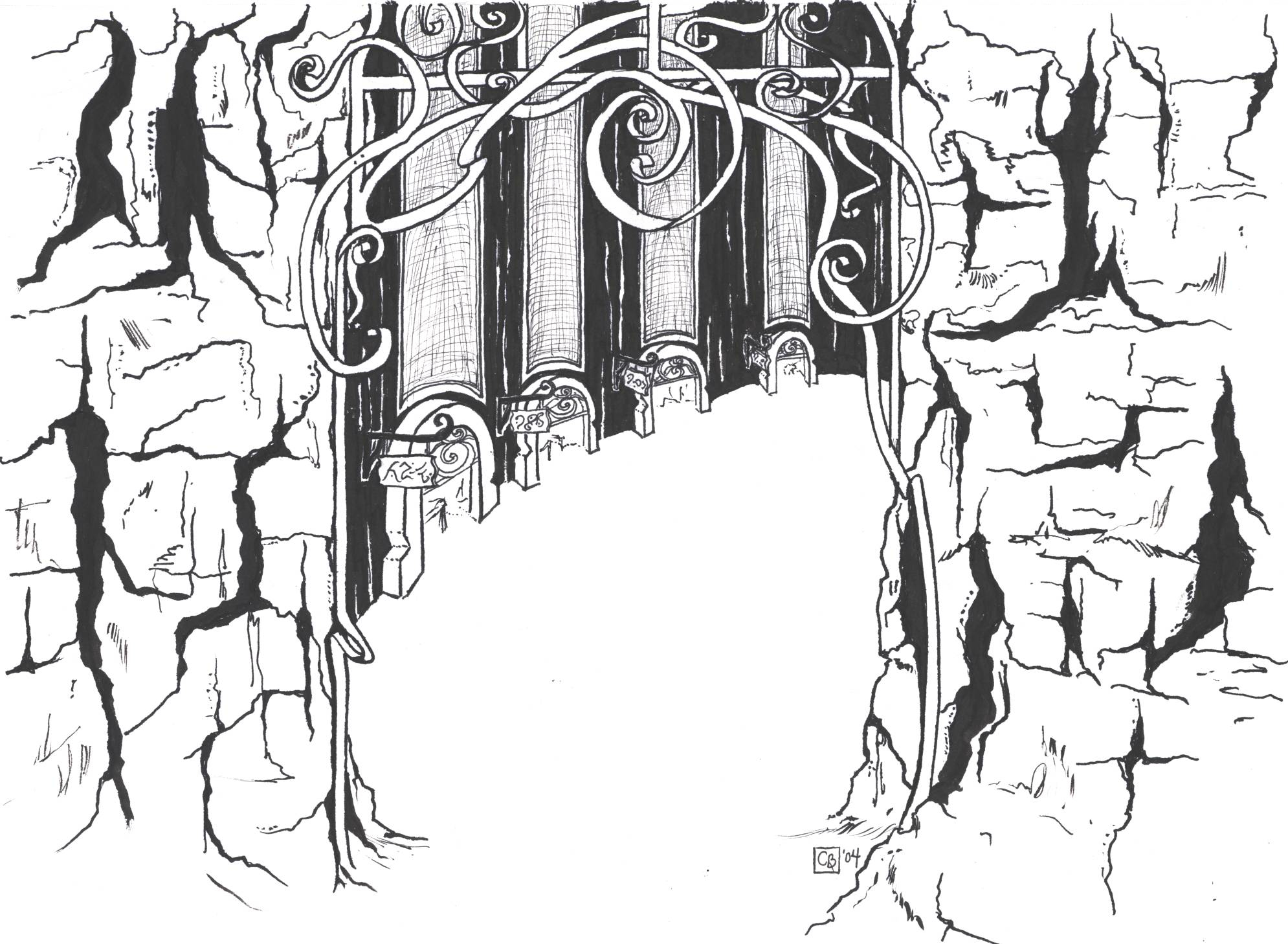 Ink drawing of an open doorway in a stone face framed by Art Nouveau ironwork. Beyond the doorway,
                the entrances to various shops are visible, also in Art Nouveau style with hanging signs beside each doorway.